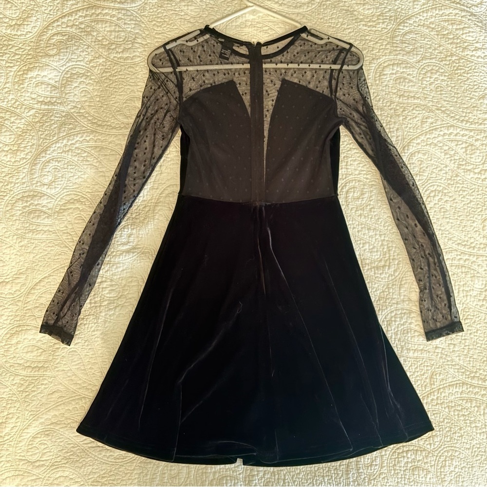 Sexy Black Velvet and Mesh Long Sleeve Dress